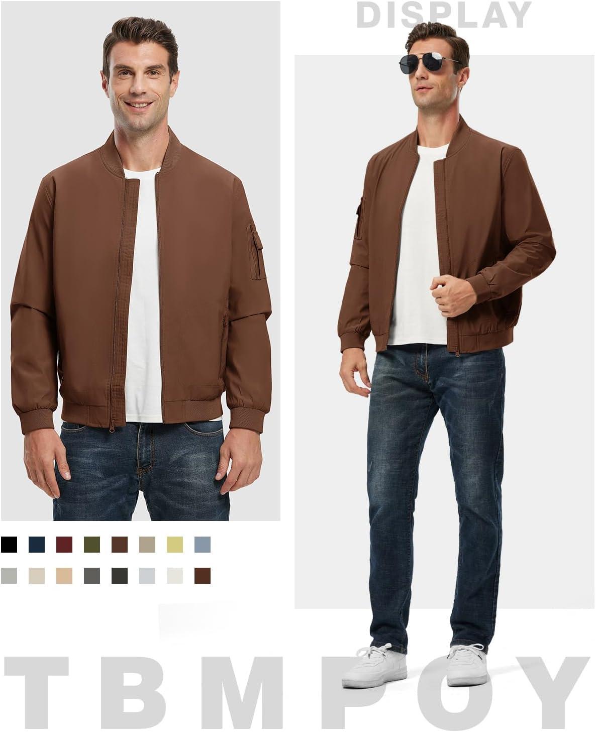 imageTBMPOY Mens Lightweight Bomber Jackets Light Windbreaker Casual Stylish Fall Golf Zip Up Dress Business VarsityA1dark Brown