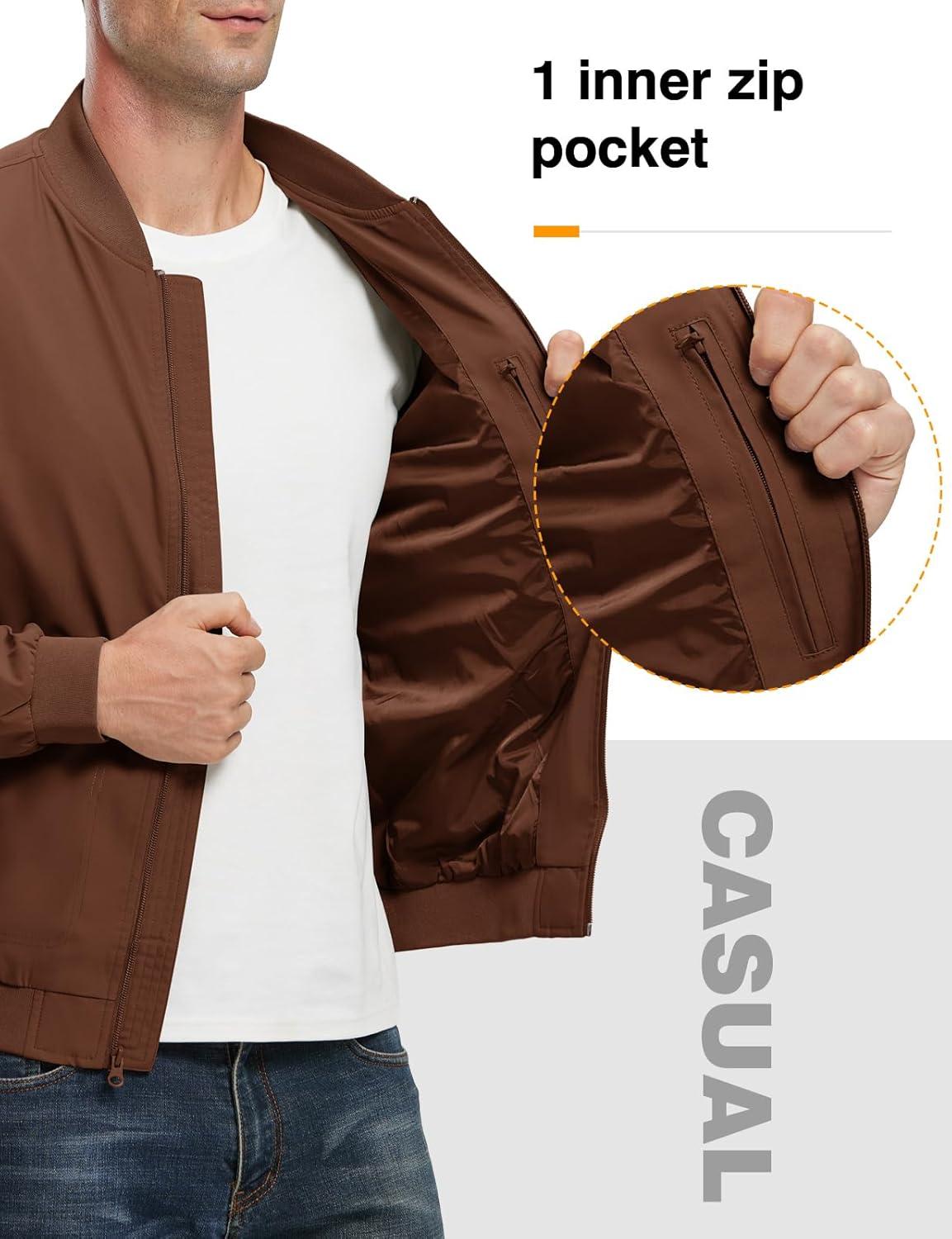 imageTBMPOY Mens Lightweight Bomber Jackets Light Windbreaker Casual Stylish Fall Golf Zip Up Dress Business VarsityA1dark Brown