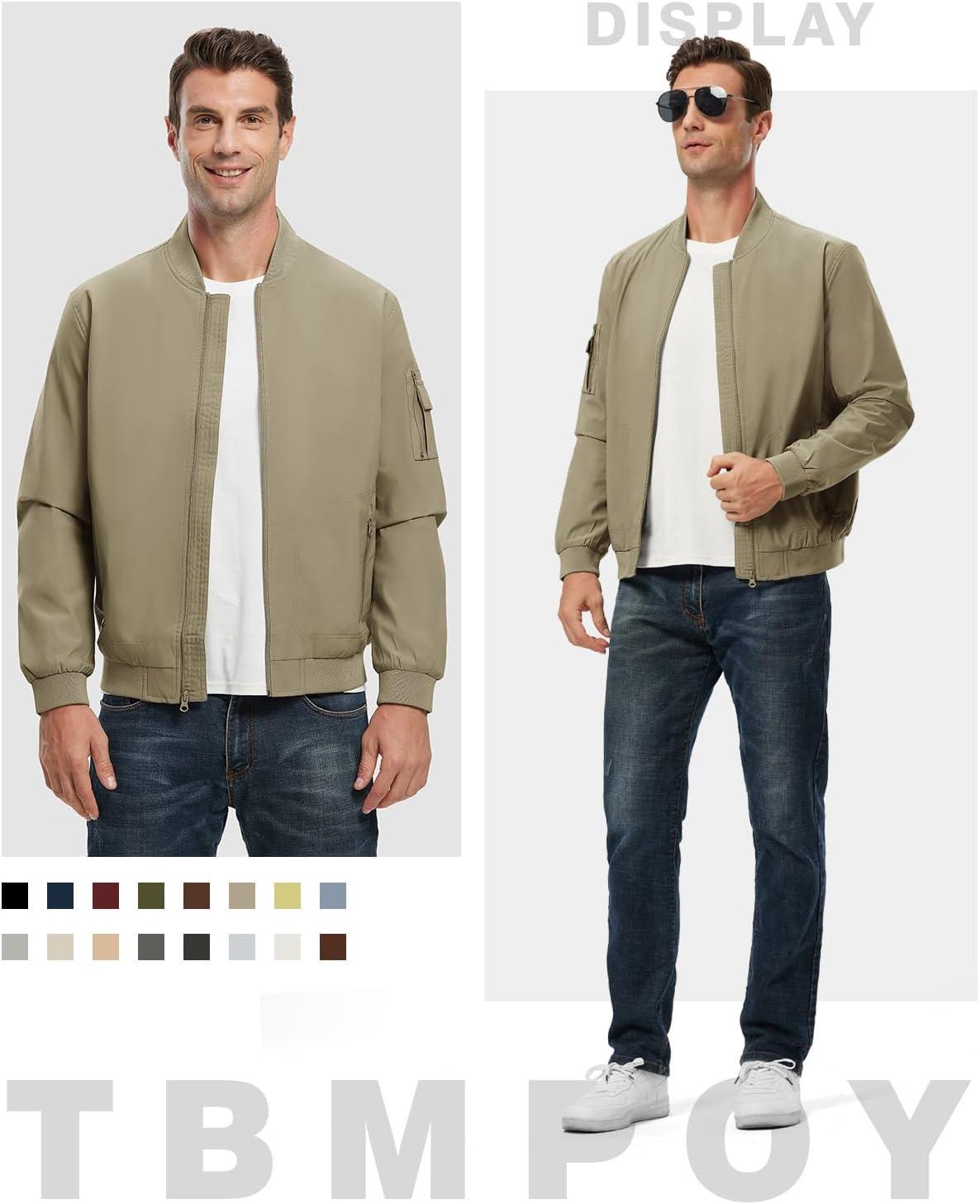 imageTBMPOY Mens Lightweight Bomber Jackets Light Windbreaker Casual Stylish Fall Golf Zip Up Dress Business VarsityA1khaki