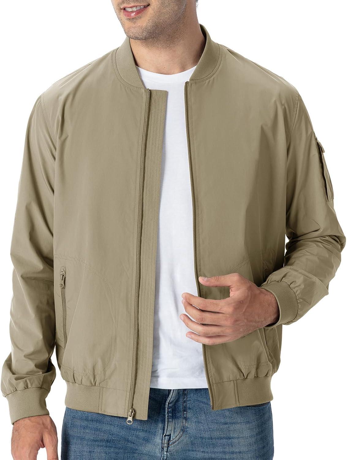 imageTBMPOY Mens Lightweight Bomber Jackets Light Windbreaker Casual Stylish Fall Golf Zip Up Dress Business VarsityA1khaki