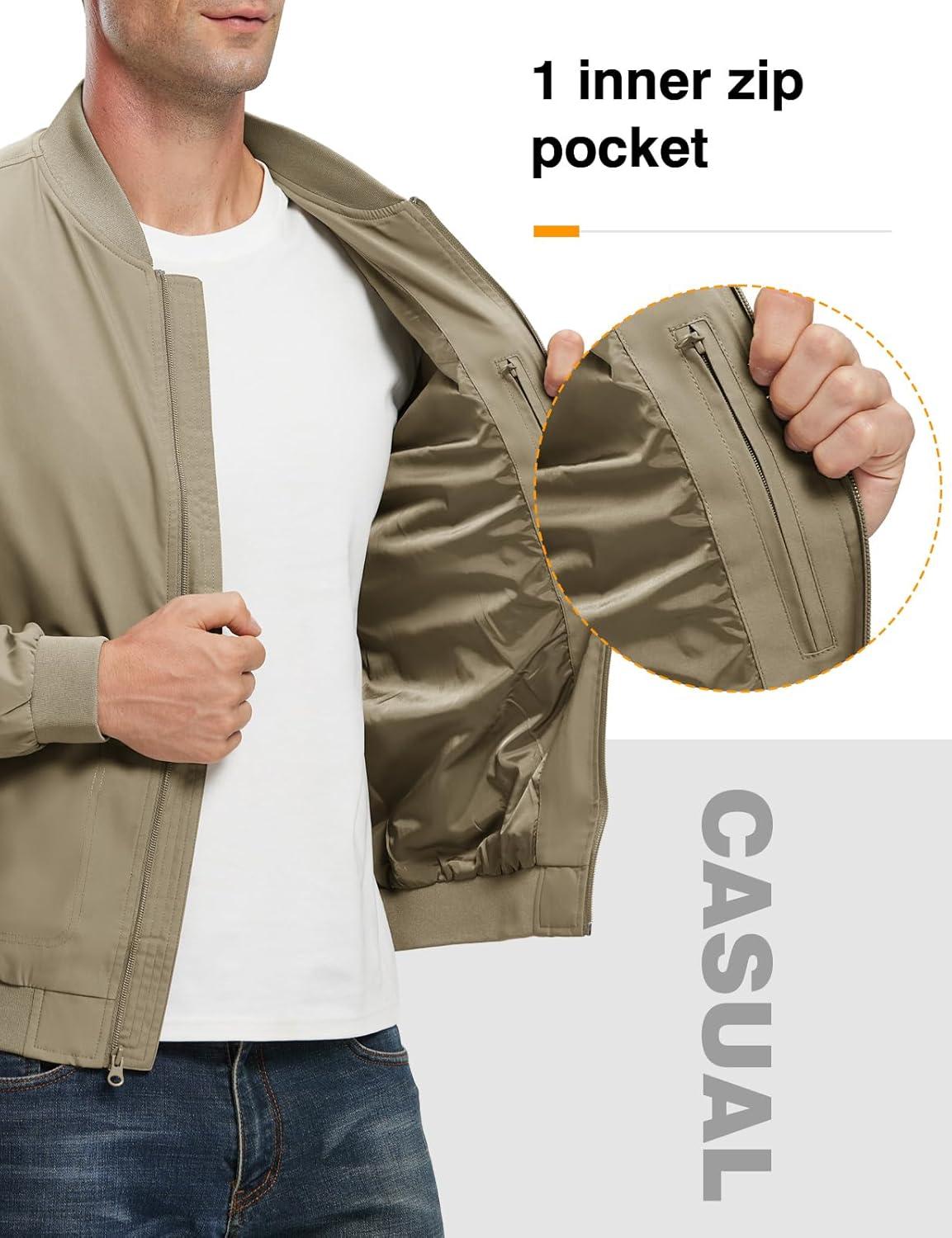 imageTBMPOY Mens Lightweight Bomber Jackets Light Windbreaker Casual Stylish Fall Golf Zip Up Dress Business VarsityA1khaki