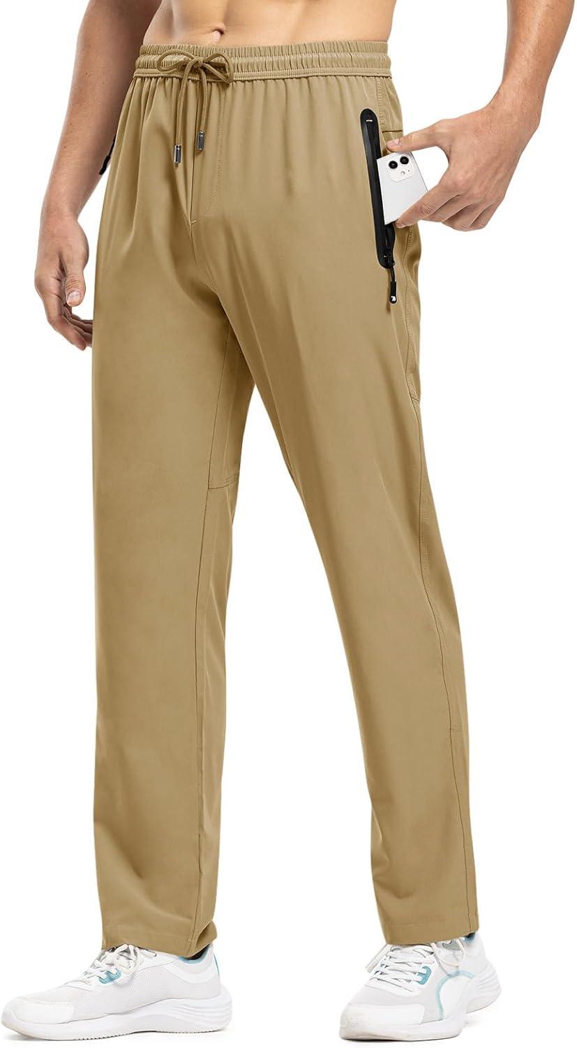 imageTBMPOY Mens Lightweight Hiking Travel Pants Breathable Athletic Fishing Active Joggers Zipper PocketsA4khaki