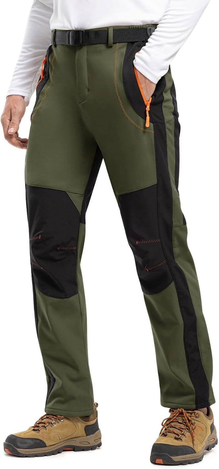 imageTBMPOY Mens Snow Ski Hiking Pants Waterproof Winter Fleece Lined Pants Camping Skiing Ice Fishing Pants with BeltA1thick Armygreen