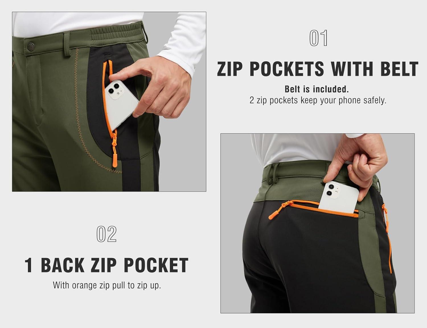 imageTBMPOY Mens Snow Ski Hiking Pants Waterproof Winter Fleece Lined Pants Camping Skiing Ice Fishing Pants with BeltA1thick Armygreen