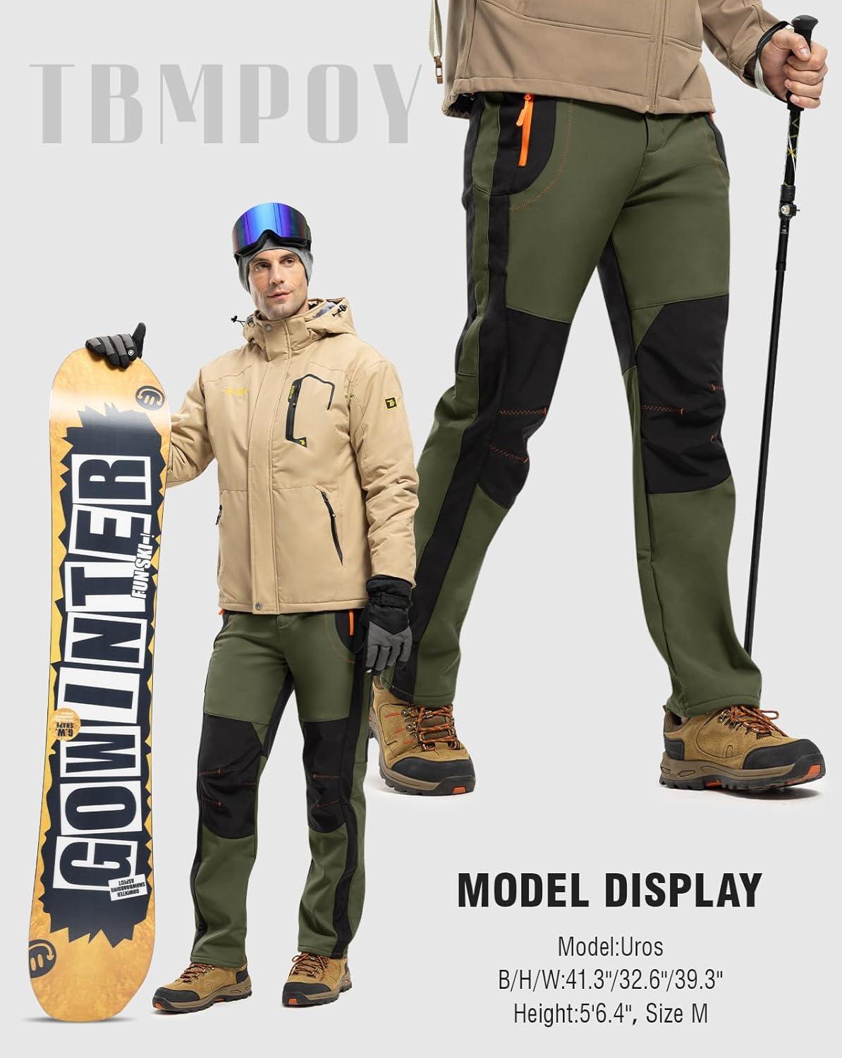imageTBMPOY Mens Snow Ski Hiking Pants Waterproof Winter Fleece Lined Pants Camping Skiing Ice Fishing Pants with BeltA1thick Armygreen