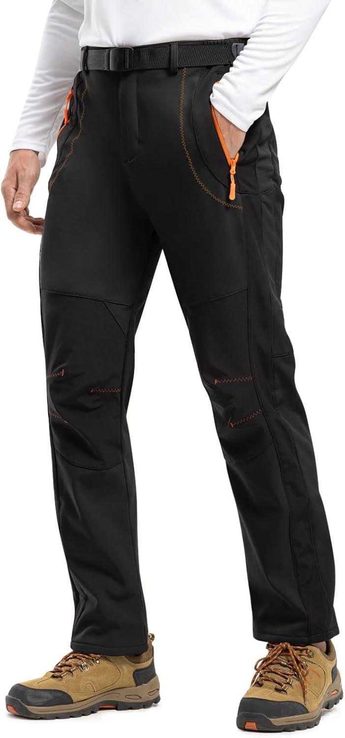imageTBMPOY Mens Snow Ski Hiking Pants Waterproof Winter Fleece Lined Pants Camping Skiing Ice Fishing Pants with BeltA1thick Black