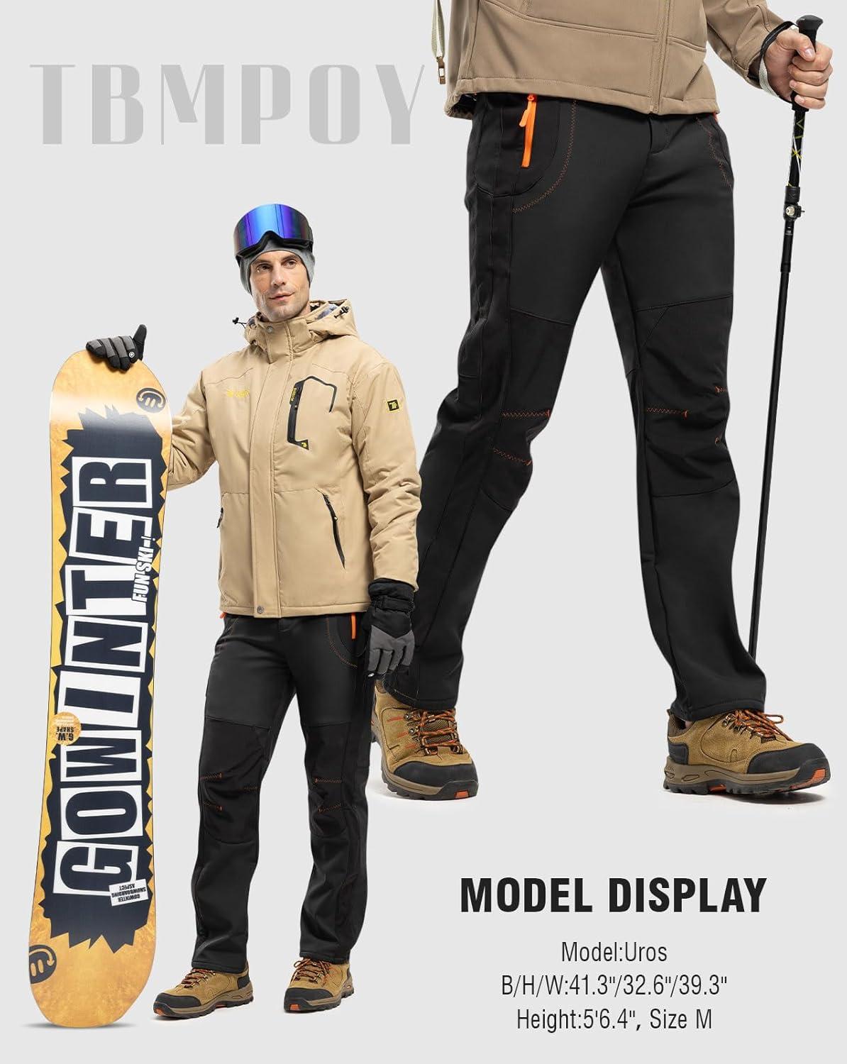 imageTBMPOY Mens Snow Ski Hiking Pants Waterproof Winter Fleece Lined Pants Camping Skiing Ice Fishing Pants with BeltA1thick Black