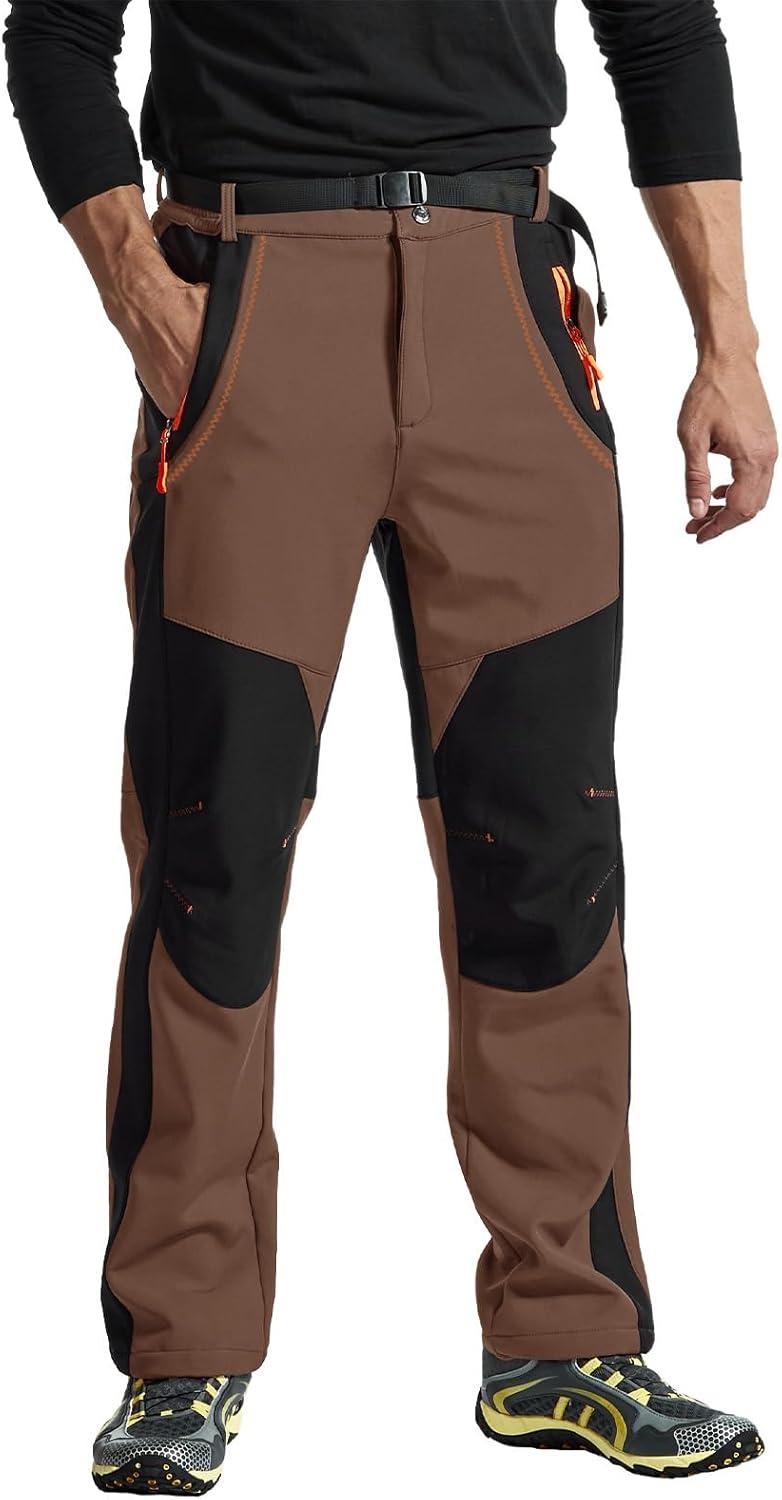imageTBMPOY Mens Snow Ski Hiking Pants Waterproof Winter Fleece Lined Pants Camping Skiing Ice Fishing Pants with BeltA1thick Brown