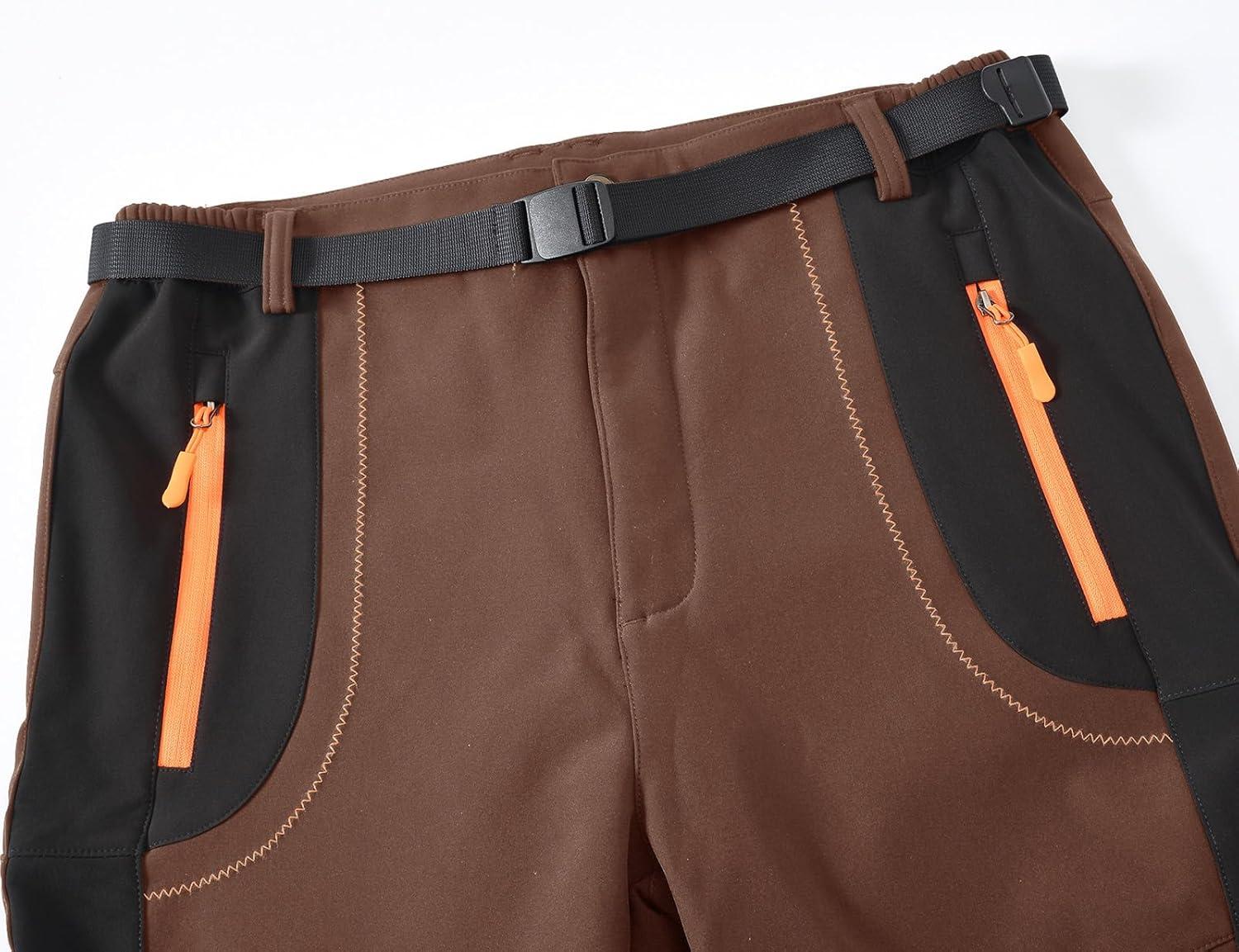 imageTBMPOY Mens Snow Ski Hiking Pants Waterproof Winter Fleece Lined Pants Camping Skiing Ice Fishing Pants with BeltA1thick Brown