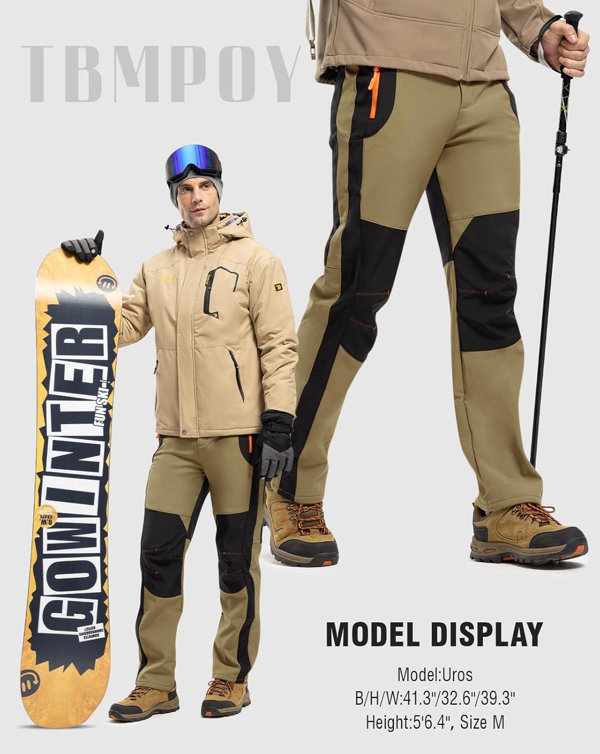 imageTBMPOY Mens Snow Ski Hiking Pants Waterproof Winter Fleece Lined Pants Camping Skiing Ice Fishing Pants with BeltA1thick Khaki