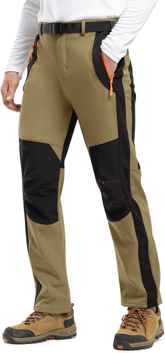imageTBMPOY Mens Snow Ski Hiking Pants Waterproof Winter Fleece Lined Pants Camping Skiing Ice Fishing Pants with BeltA1thick Khaki