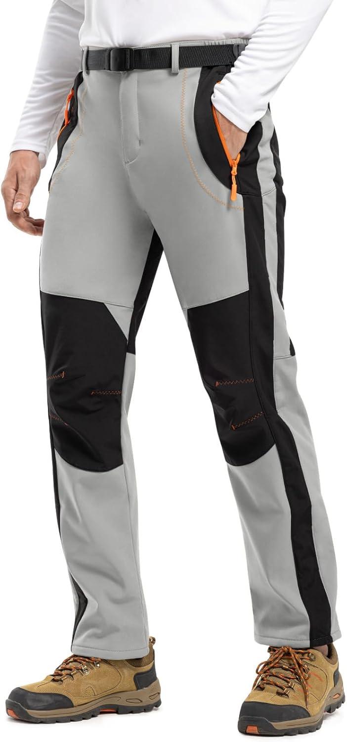 imageTBMPOY Mens Snow Ski Hiking Pants Waterproof Winter Fleece Lined Pants Camping Skiing Ice Fishing Pants with BeltA1thick Light Grey