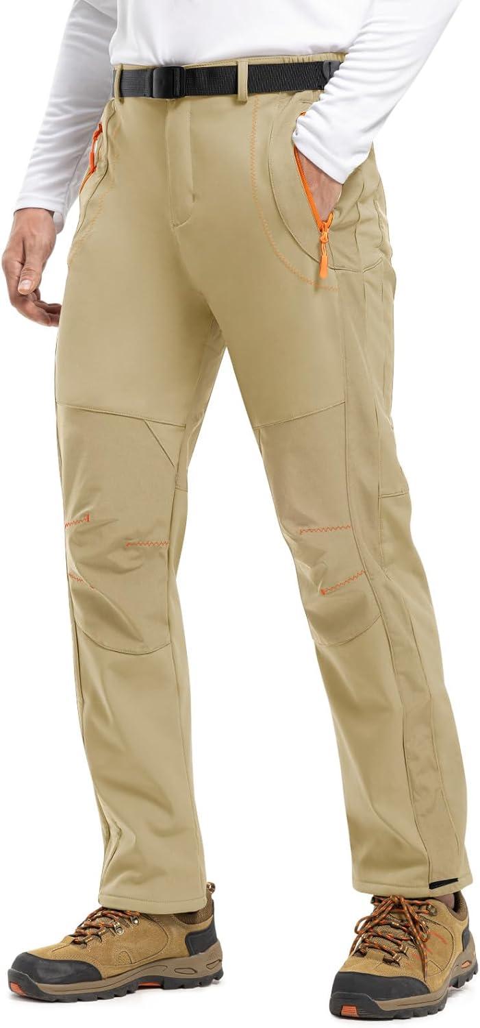 imageTBMPOY Mens Snow Ski Hiking Pants Waterproof Winter Fleece Lined Pants Camping Skiing Ice Fishing Pants with BeltA1thick Light Khaki