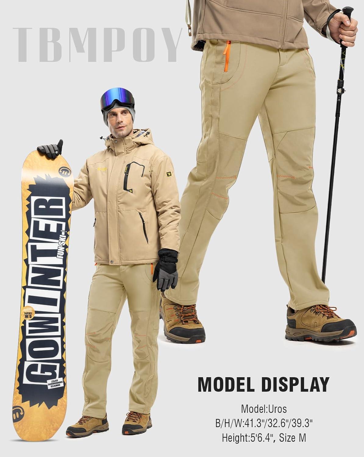 imageTBMPOY Mens Snow Ski Hiking Pants Waterproof Winter Fleece Lined Pants Camping Skiing Ice Fishing Pants with BeltA1thick Light Khaki