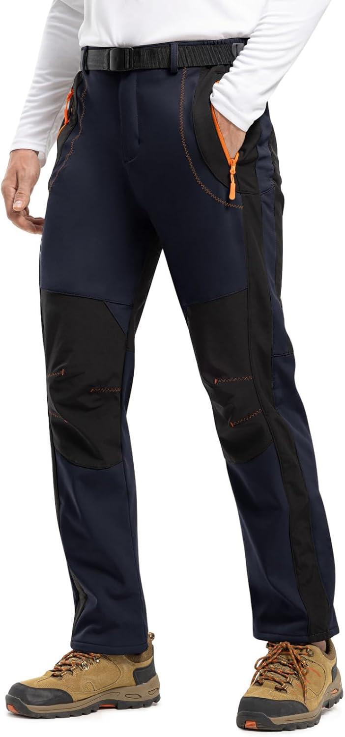imageTBMPOY Mens Snow Ski Hiking Pants Waterproof Winter Fleece Lined Pants Camping Skiing Ice Fishing Pants with BeltA1thick Navy