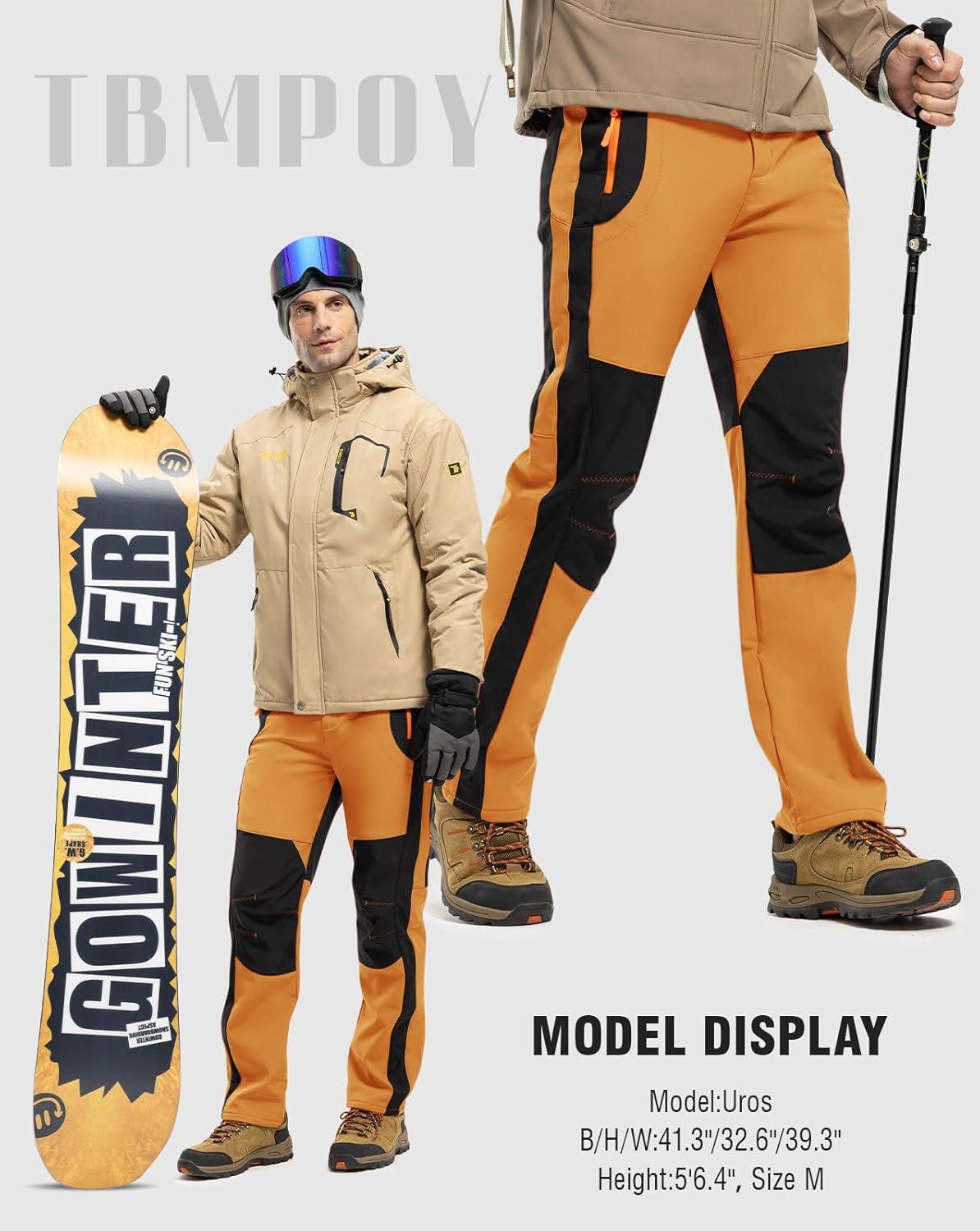 imageTBMPOY Mens Snow Ski Hiking Pants Waterproof Winter Fleece Lined Pants Camping Skiing Ice Fishing Pants with BeltA1thick Orange