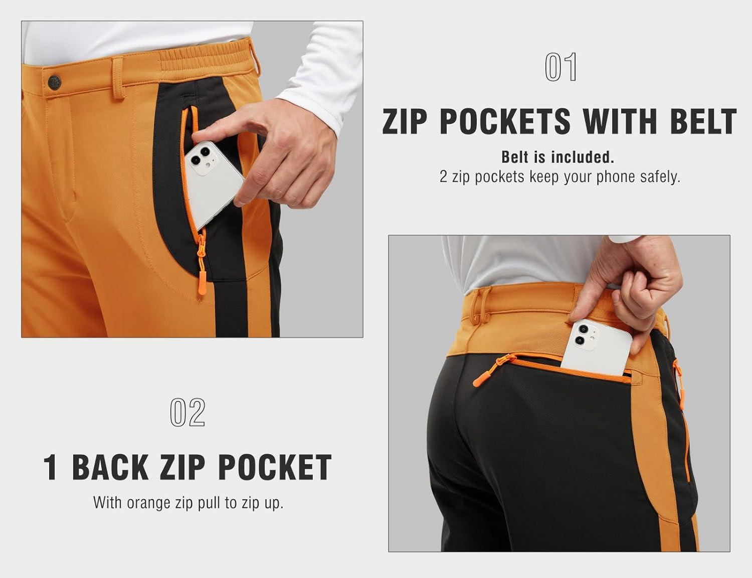 imageTBMPOY Mens Snow Ski Hiking Pants Waterproof Winter Fleece Lined Pants Camping Skiing Ice Fishing Pants with BeltA1thick Orange