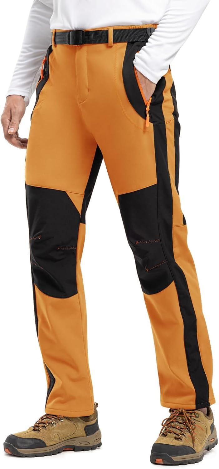 imageTBMPOY Mens Snow Ski Hiking Pants Waterproof Winter Fleece Lined Pants Camping Skiing Ice Fishing Pants with BeltA1thick Orange