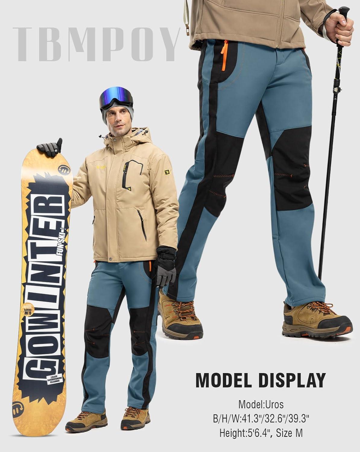 imageTBMPOY Mens Snow Ski Hiking Pants Waterproof Winter Fleece Lined Pants Camping Skiing Ice Fishing Pants with BeltA1thick Stone Blue