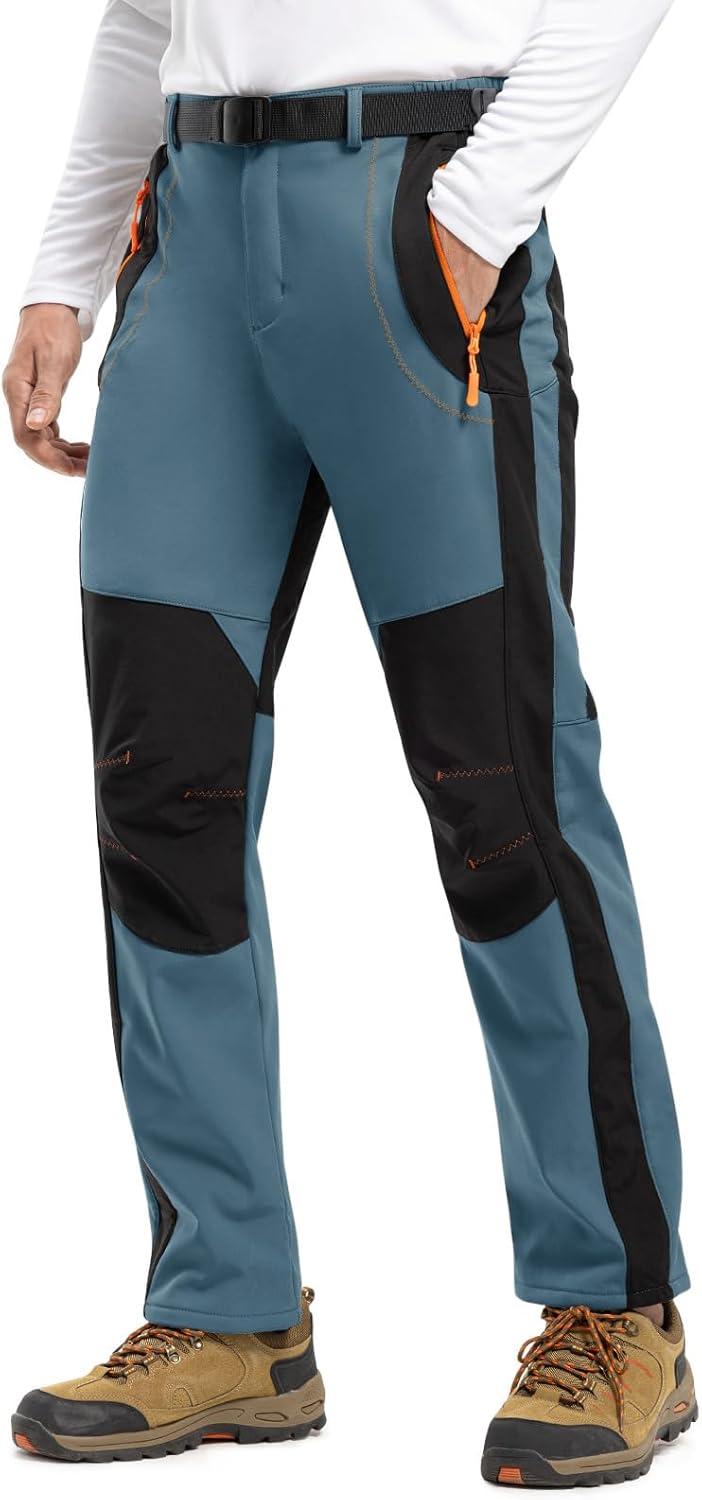 imageTBMPOY Mens Snow Ski Hiking Pants Waterproof Winter Fleece Lined Pants Camping Skiing Ice Fishing Pants with BeltA1thick Stone Blue