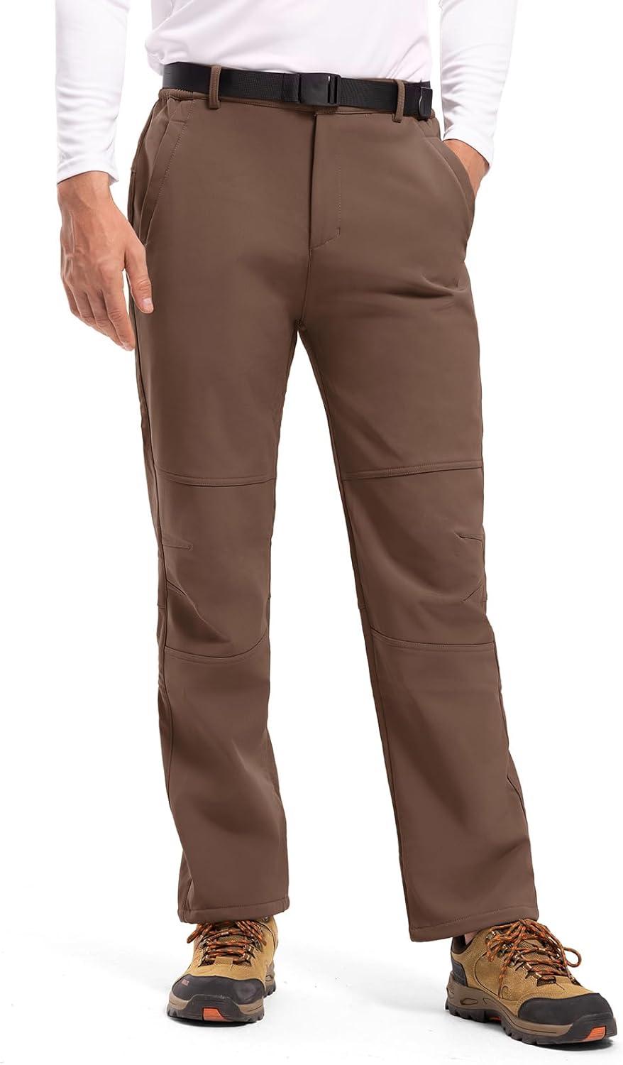 imageTBMPOY Mens Snow Ski Hiking Pants Waterproof Winter Fleece Lined Pants Camping Skiing Ice Fishing Pants with BeltA2thick Brown