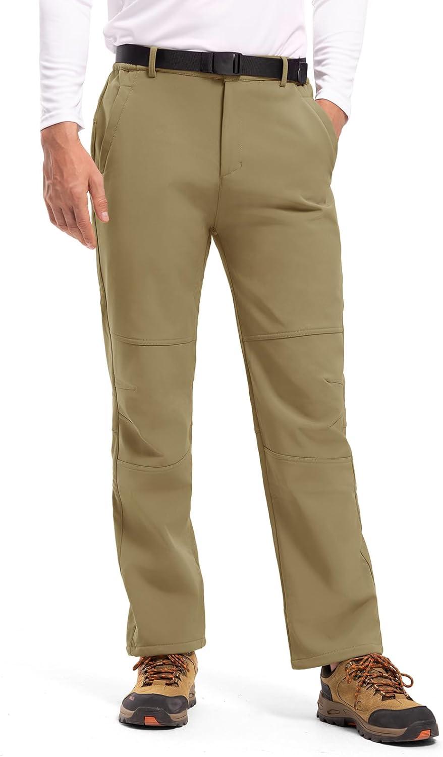 imageTBMPOY Mens Snow Ski Hiking Pants Waterproof Winter Fleece Lined Pants Camping Skiing Ice Fishing Pants with BeltA2thick Khaki