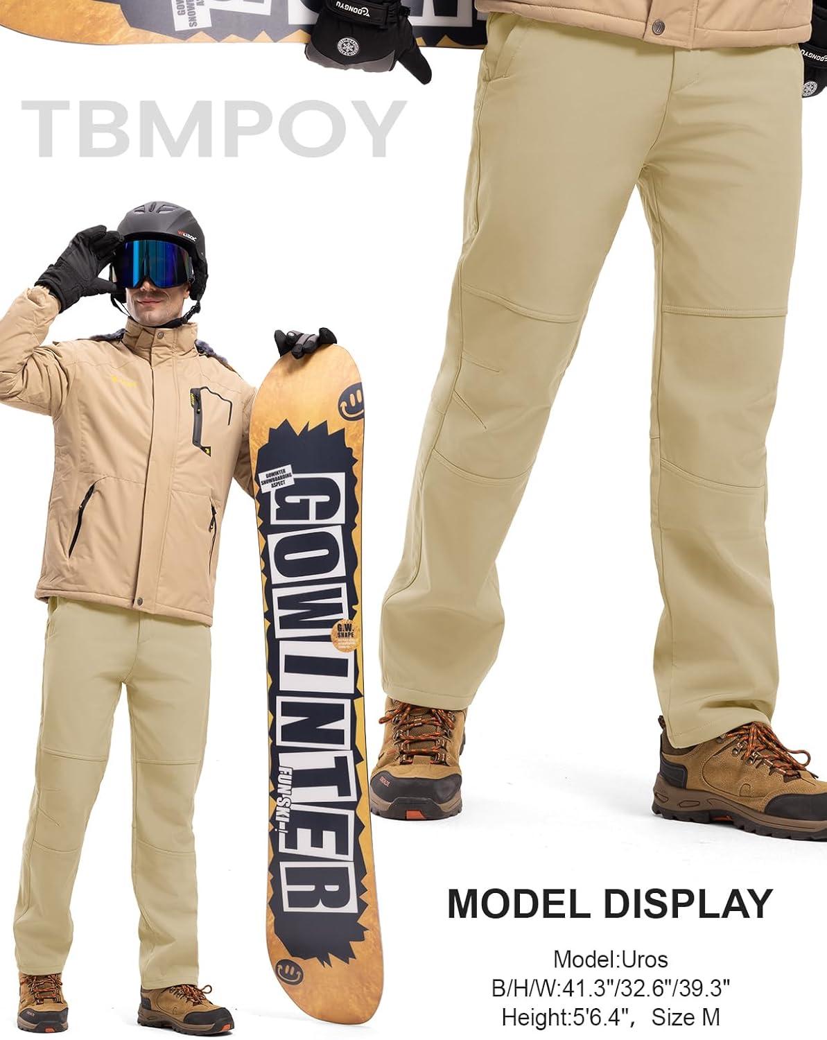 imageTBMPOY Mens Snow Ski Hiking Pants Waterproof Winter Fleece Lined Pants Camping Skiing Ice Fishing Pants with BeltA2thick Light Khaki
