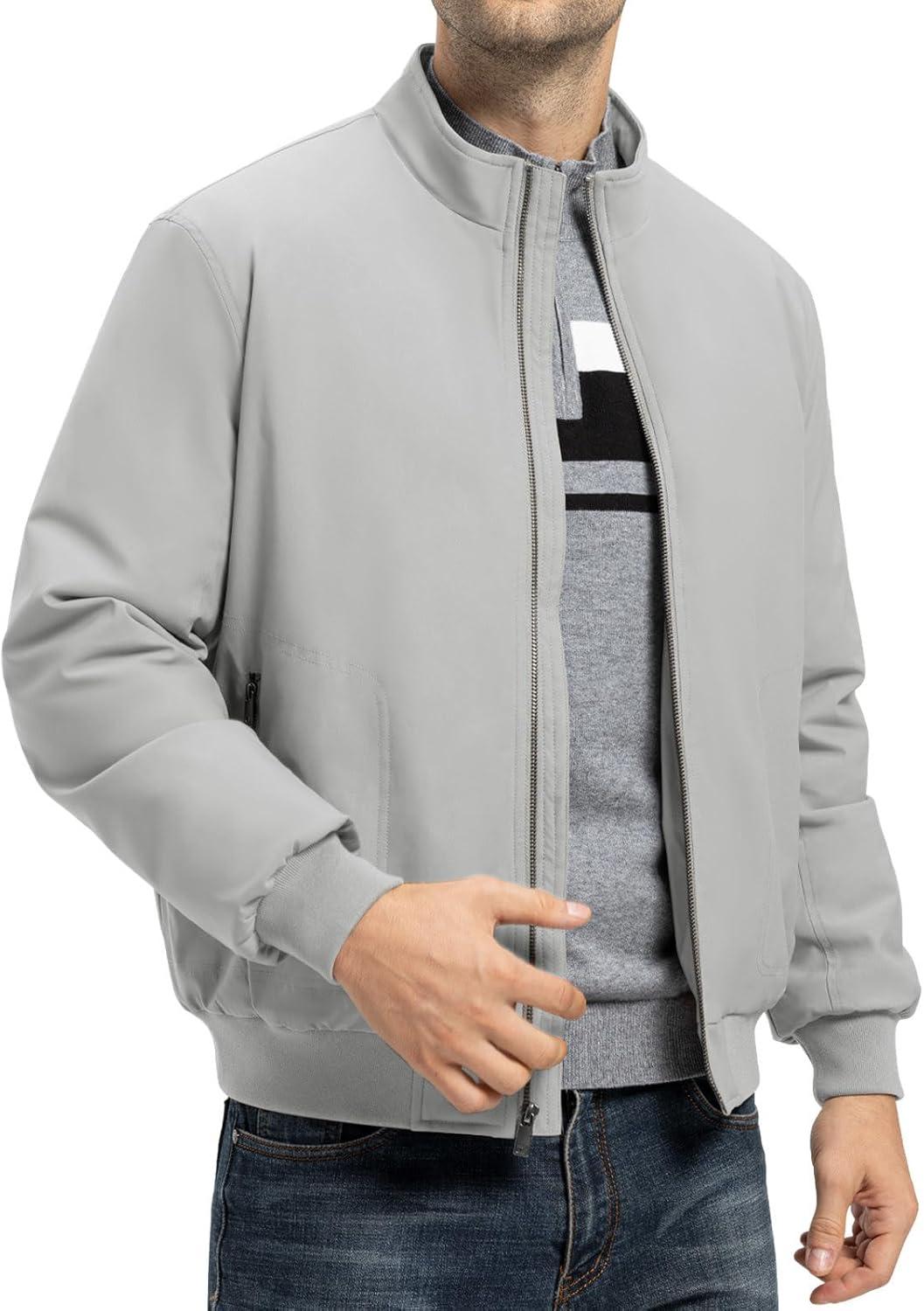 imageTBMPOY Mens Winter Lightweight Bomber Jackets Water Resistant Fall Casual Windbreakers Quilted Full Zip Windproof Work CoatsLight Grey