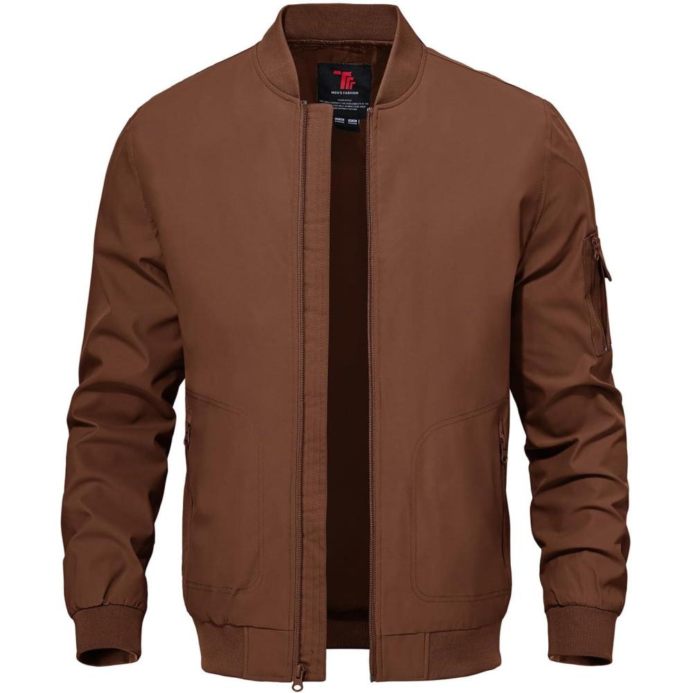 imageTBMPOY Mens Lightweight Bomber Jackets Light Windbreaker Casual Stylish Fall Golf Zip Up Dress Business VarsityA1dark Brown