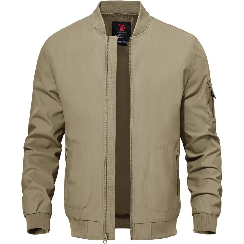 imageTBMPOY Mens Lightweight Bomber Jackets Light Windbreaker Casual Stylish Fall Golf Zip Up Dress Business VarsityA1khaki