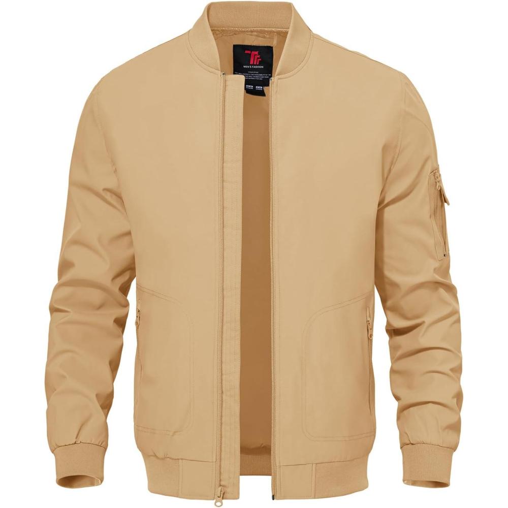 imageTBMPOY Mens Lightweight Bomber Jackets Light Windbreaker Casual Stylish Fall Golf Zip Up Dress Business VarsityA1light Camel
