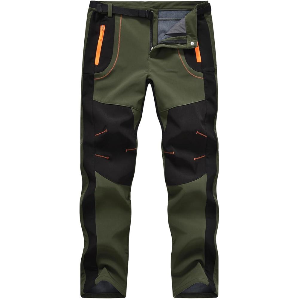 imageTBMPOY Mens Snow Ski Hiking Pants Waterproof Winter Fleece Lined Pants Camping Skiing Ice Fishing Pants with BeltA1thick Armygreen