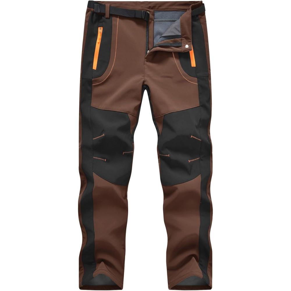 imageTBMPOY Mens Snow Ski Hiking Pants Waterproof Winter Fleece Lined Pants Camping Skiing Ice Fishing Pants with BeltA1thick Brown