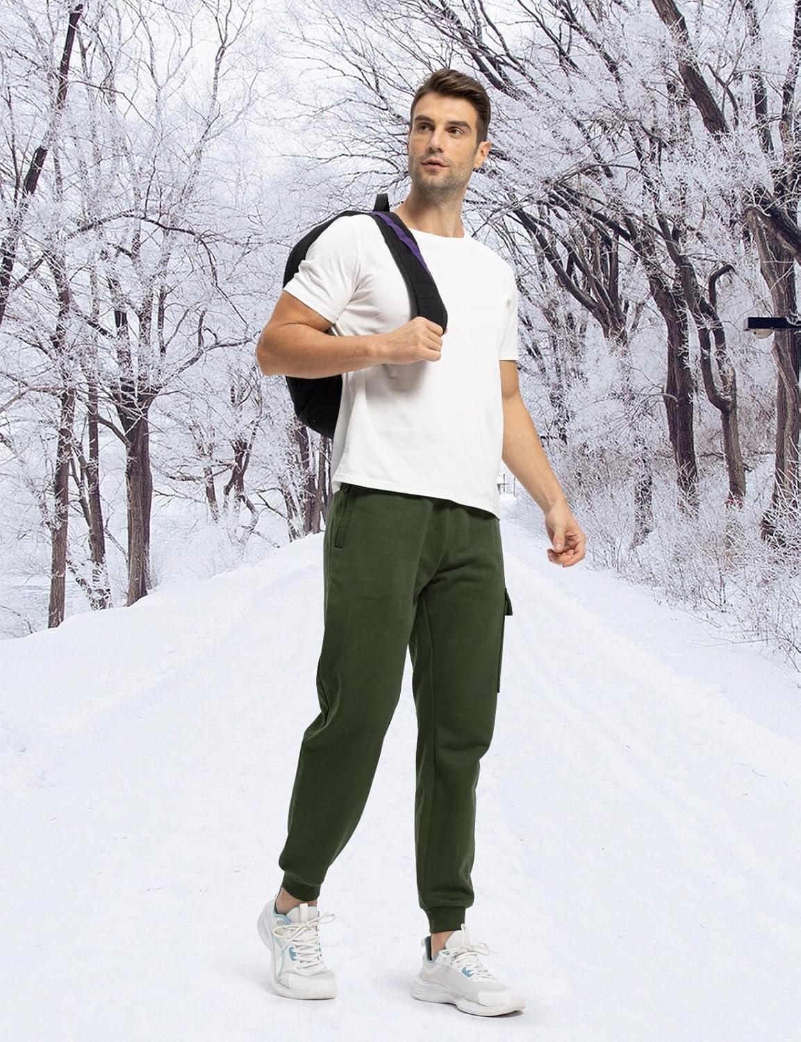 imageTBMPOY Mens Cargo Sweatpants Joggers Winter Fleece Lined Pants Gym Running Cotton Pants with Zipper PocketsArmy Green