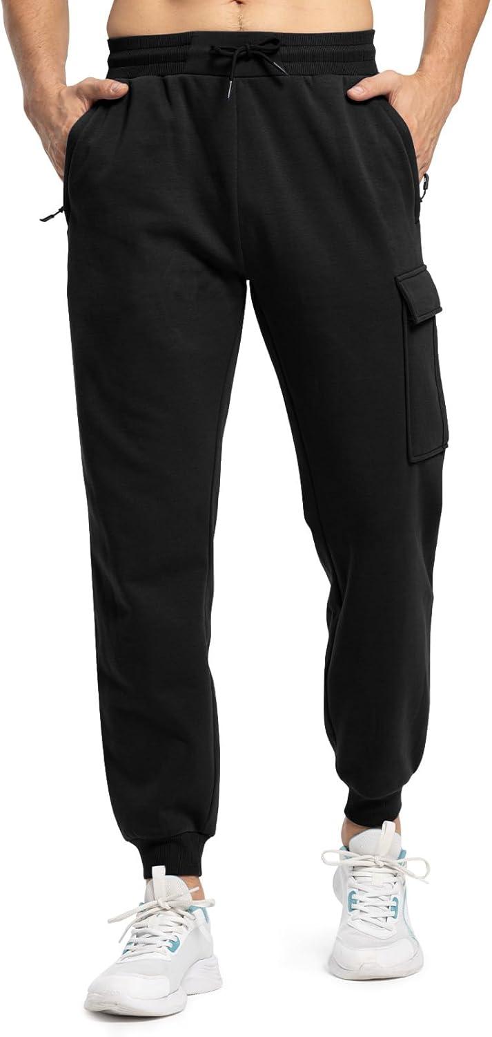 imageTBMPOY Mens Cargo Sweatpants Joggers Winter Fleece Lined Pants Gym Running Cotton Pants with Zipper PocketsBlack