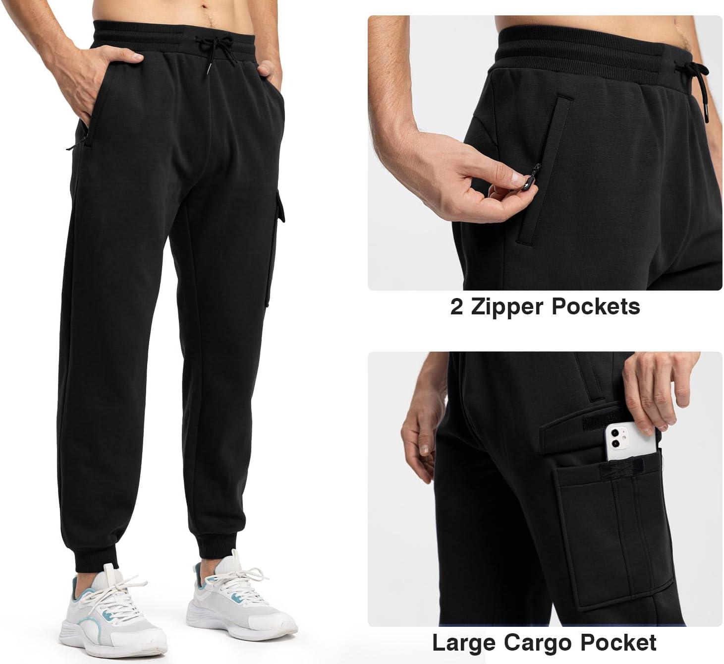 imageTBMPOY Mens Cargo Sweatpants Joggers Winter Fleece Lined Pants Gym Running Cotton Pants with Zipper PocketsBlack