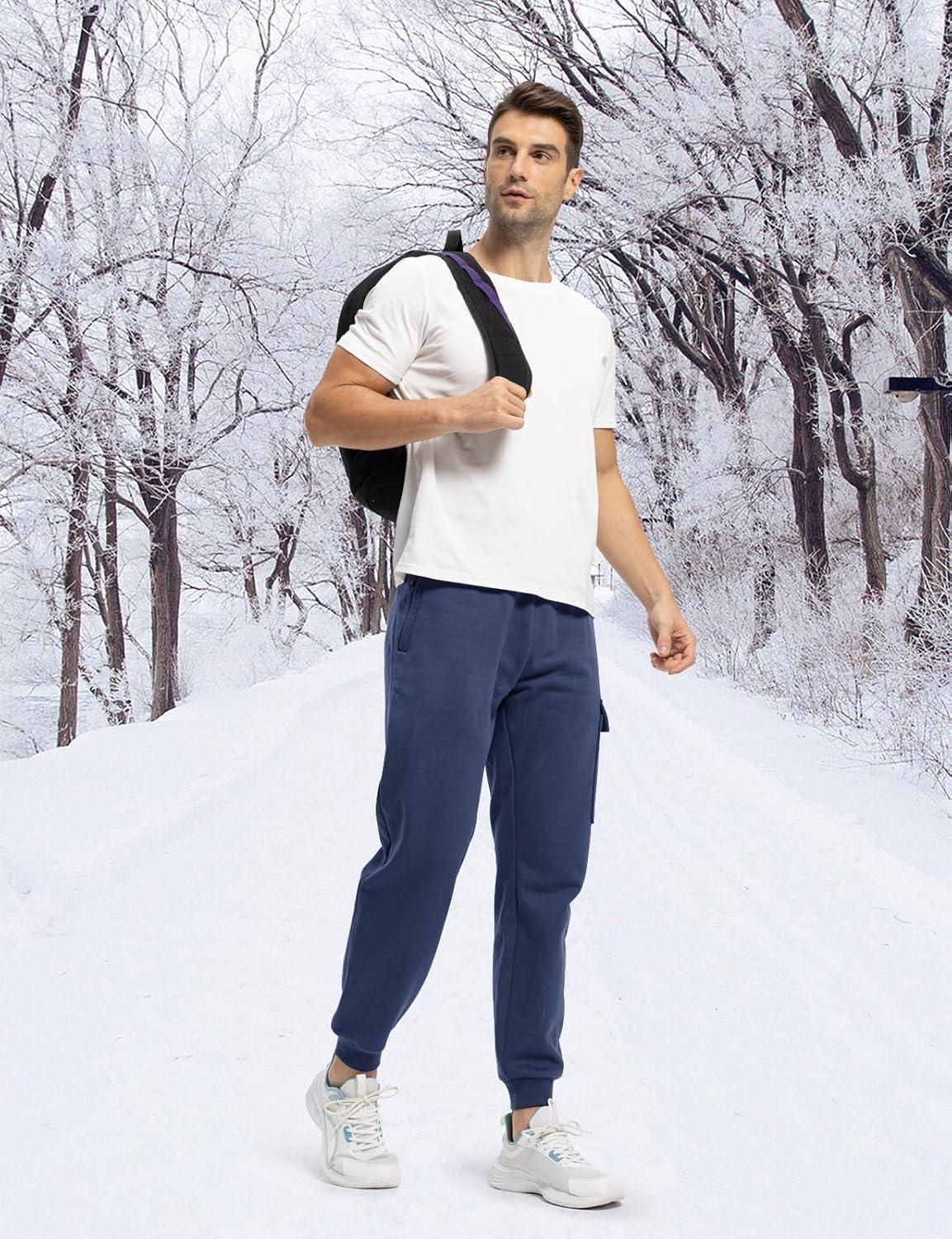 imageTBMPOY Mens Cargo Sweatpants Joggers Winter Fleece Lined Pants Gym Running Cotton Pants with Zipper PocketsDenim Blue