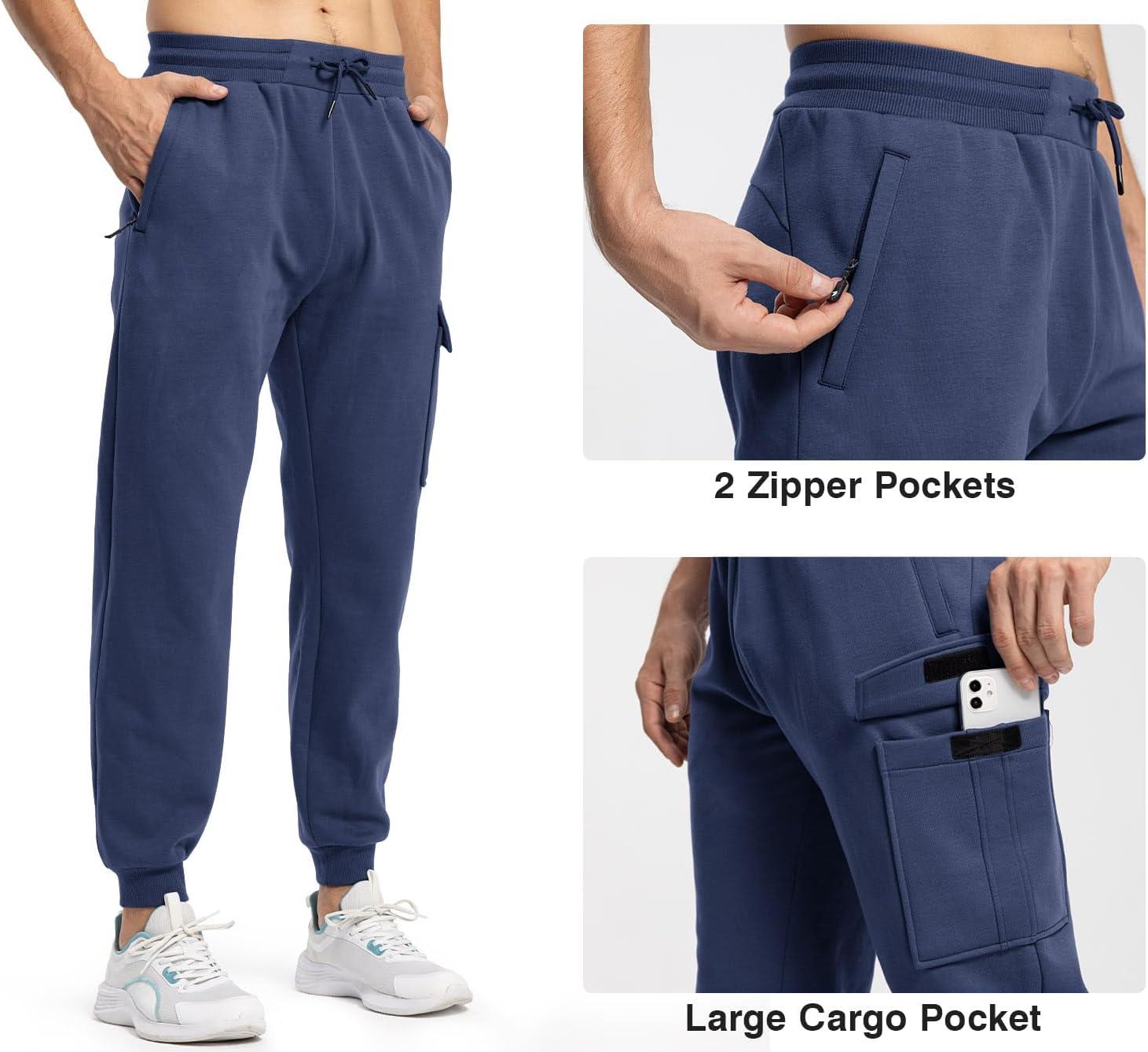 imageTBMPOY Mens Cargo Sweatpants Joggers Winter Fleece Lined Pants Gym Running Cotton Pants with Zipper PocketsDenim Blue