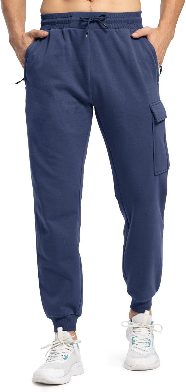 imageTBMPOY Mens Cargo Sweatpants Joggers Winter Fleece Lined Pants Gym Running Cotton Pants with Zipper PocketsDenim Blue