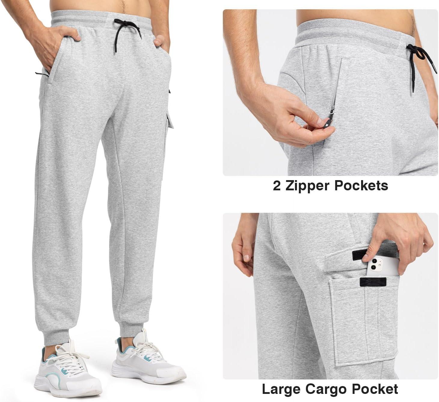 imageTBMPOY Mens Cargo Sweatpants Joggers Winter Fleece Lined Pants Gym Running Cotton Pants with Zipper PocketsLight Grey