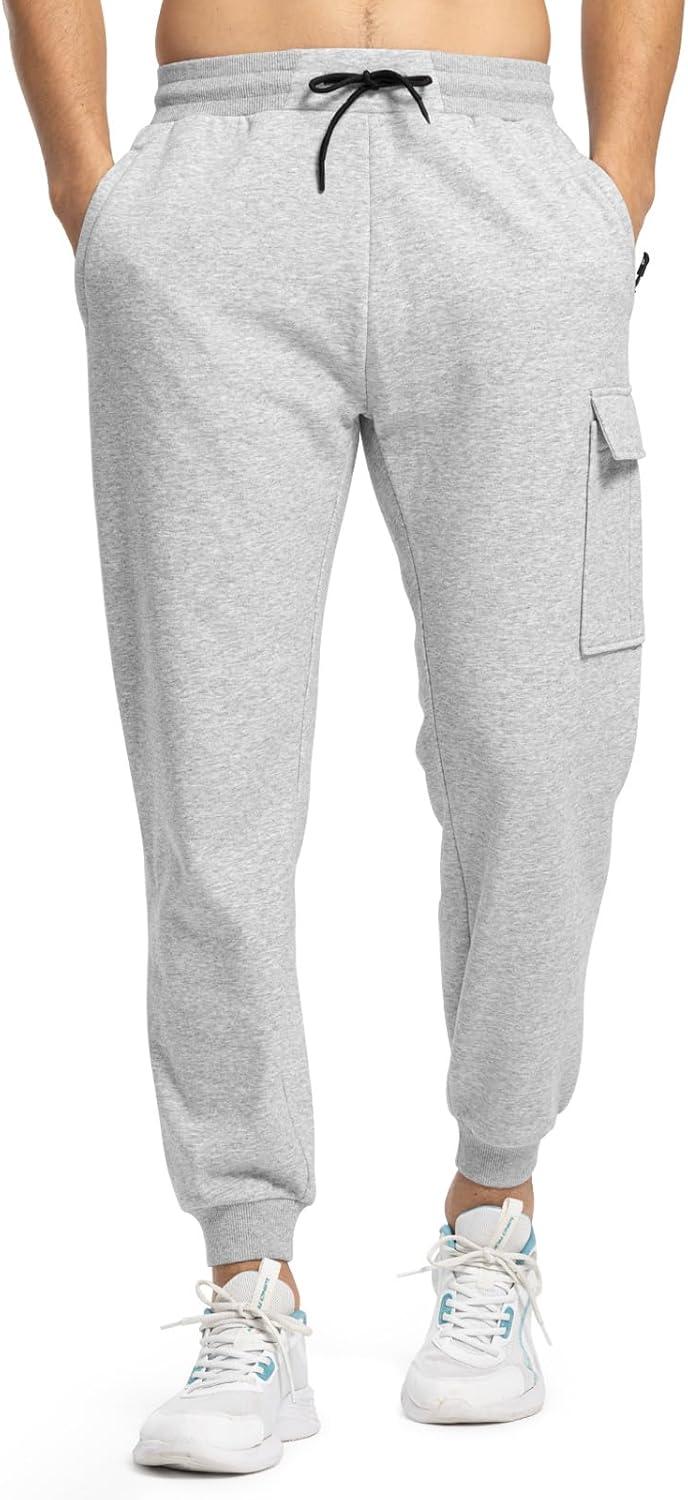 imageTBMPOY Mens Cargo Sweatpants Joggers Winter Fleece Lined Pants Gym Running Cotton Pants with Zipper PocketsLight Grey