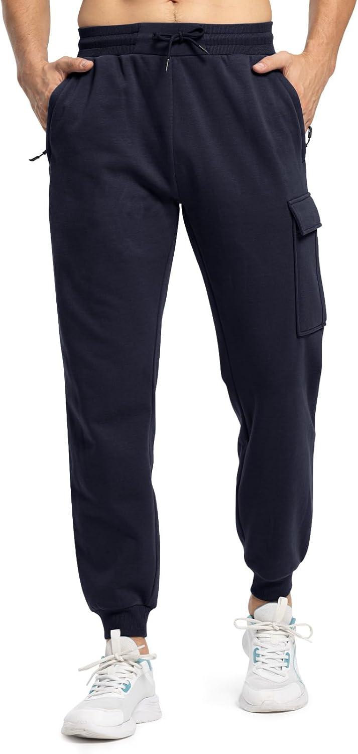imageTBMPOY Mens Cargo Sweatpants Joggers Winter Fleece Lined Pants Gym Running Cotton Pants with Zipper PocketsNavy