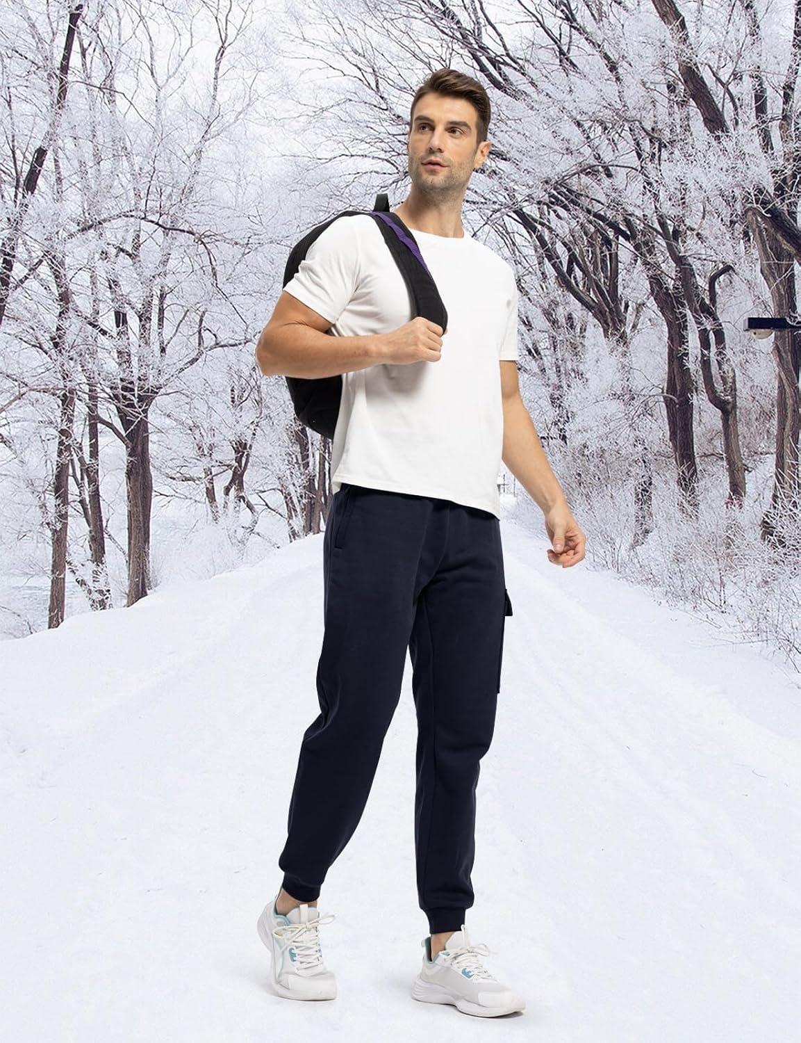 imageTBMPOY Mens Cargo Sweatpants Joggers Winter Fleece Lined Pants Gym Running Cotton Pants with Zipper PocketsNavy