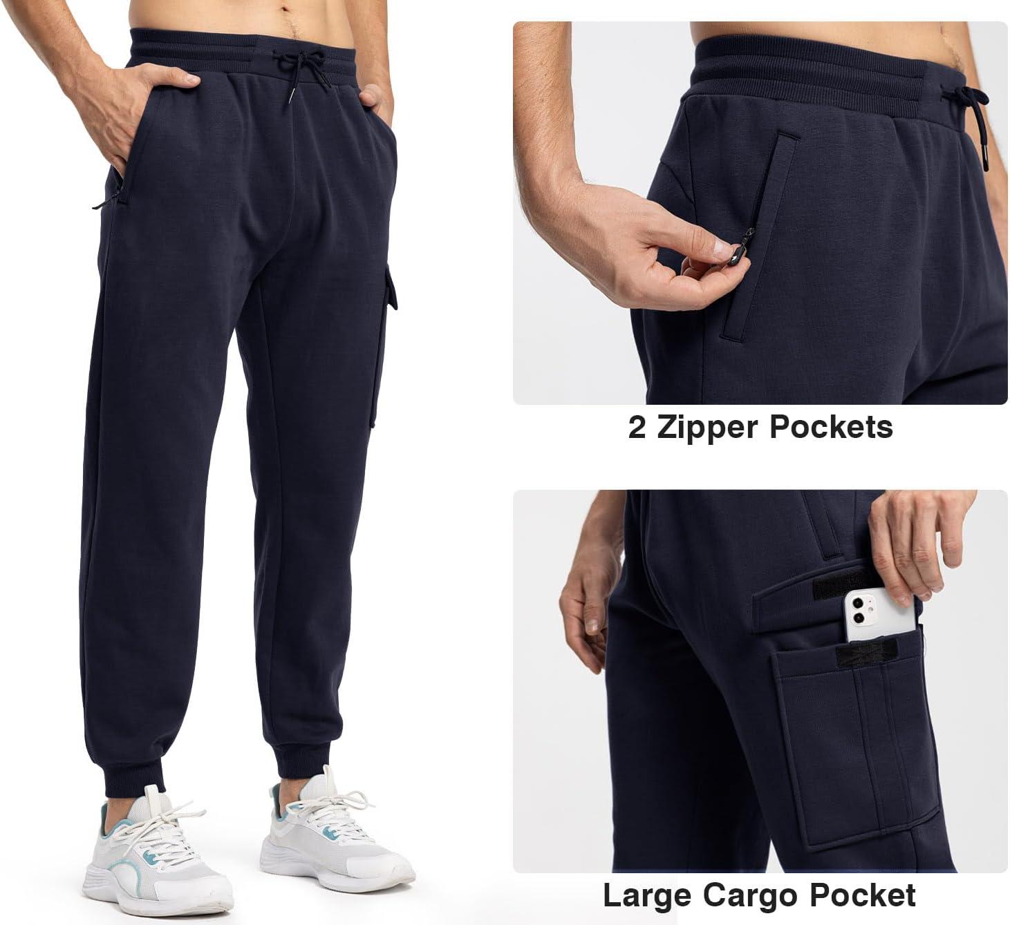 imageTBMPOY Mens Cargo Sweatpants Joggers Winter Fleece Lined Pants Gym Running Cotton Pants with Zipper PocketsNavy