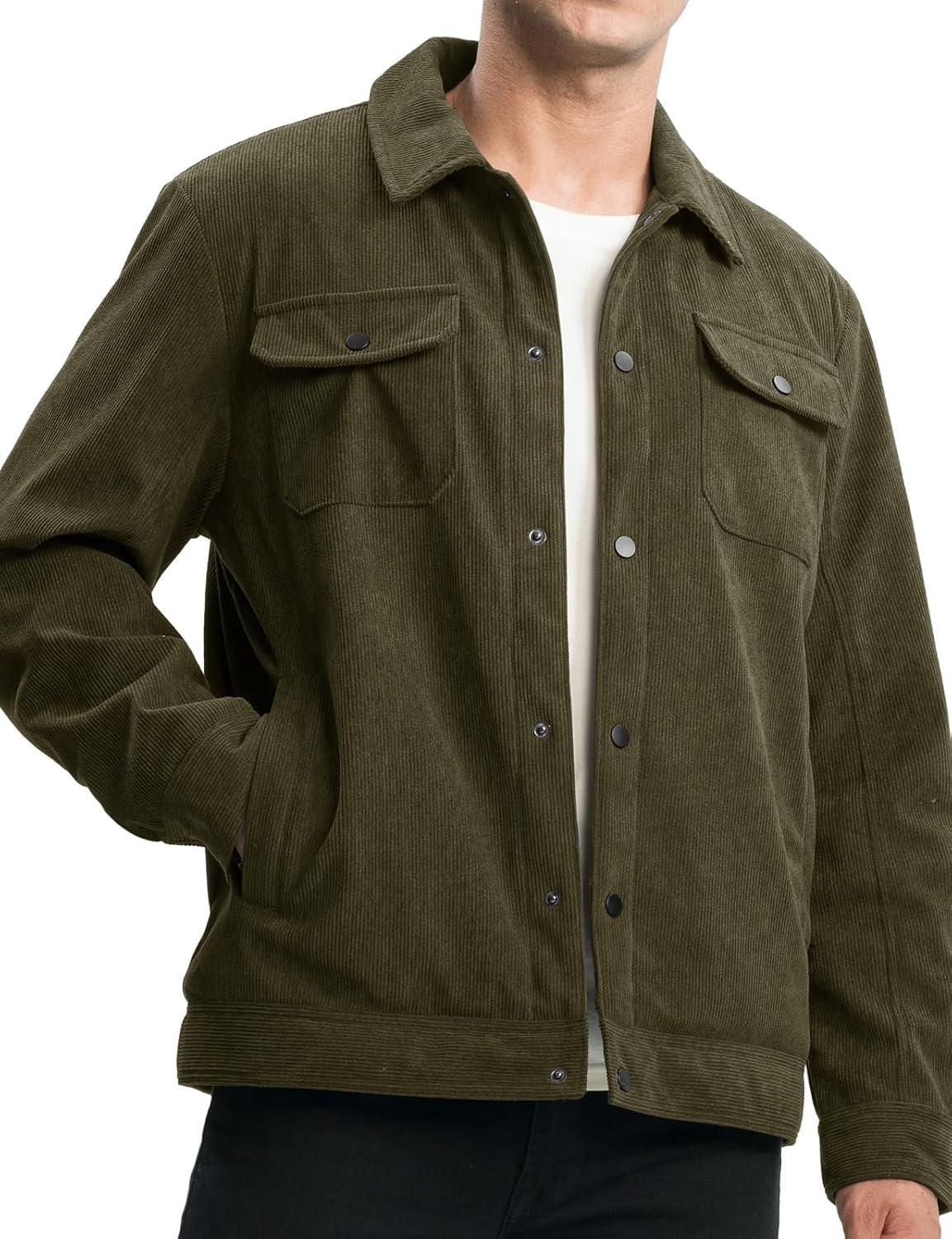 imageTBMPOY Mens Corduroy Jacket Sherpa Fleece Lined Jackets Warm Winter Trucker Work Casual Hiking Coat with 5 PocketsArmy Green