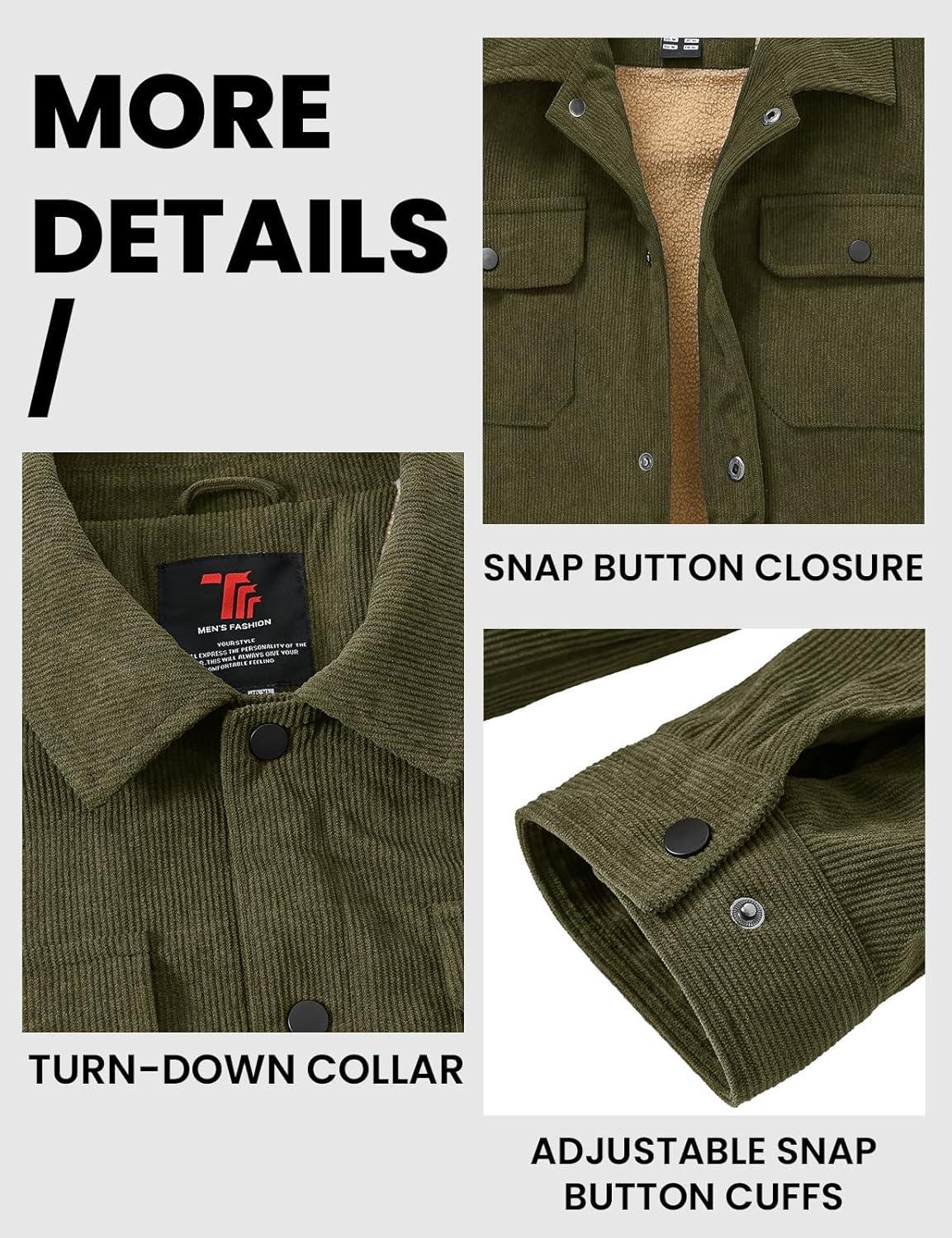 imageTBMPOY Mens Corduroy Jacket Sherpa Fleece Lined Jackets Warm Winter Trucker Work Casual Hiking Coat with 5 PocketsArmy Green