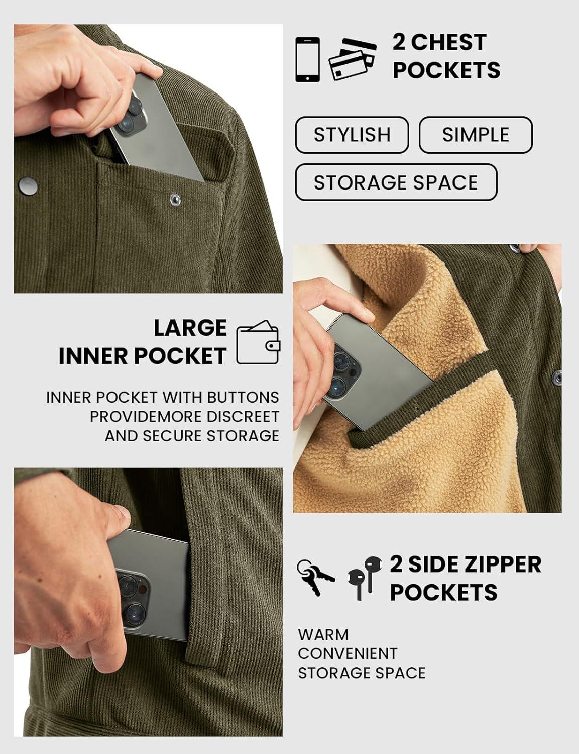 imageTBMPOY Mens Corduroy Jacket Sherpa Fleece Lined Jackets Warm Winter Trucker Work Casual Hiking Coat with 5 PocketsArmy Green