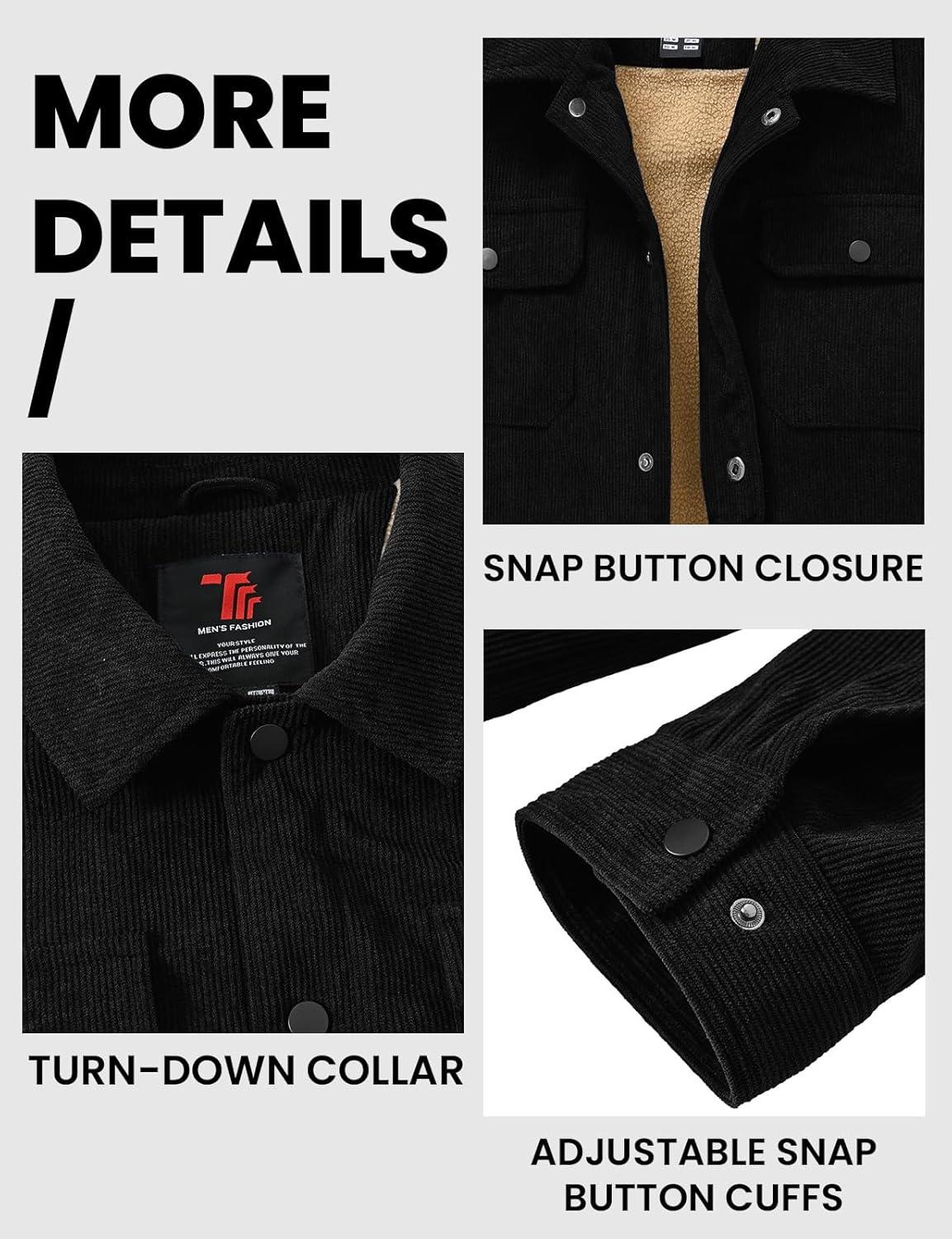 imageTBMPOY Mens Corduroy Jacket Sherpa Fleece Lined Jackets Warm Winter Trucker Work Casual Hiking Coat with 5 PocketsBlack