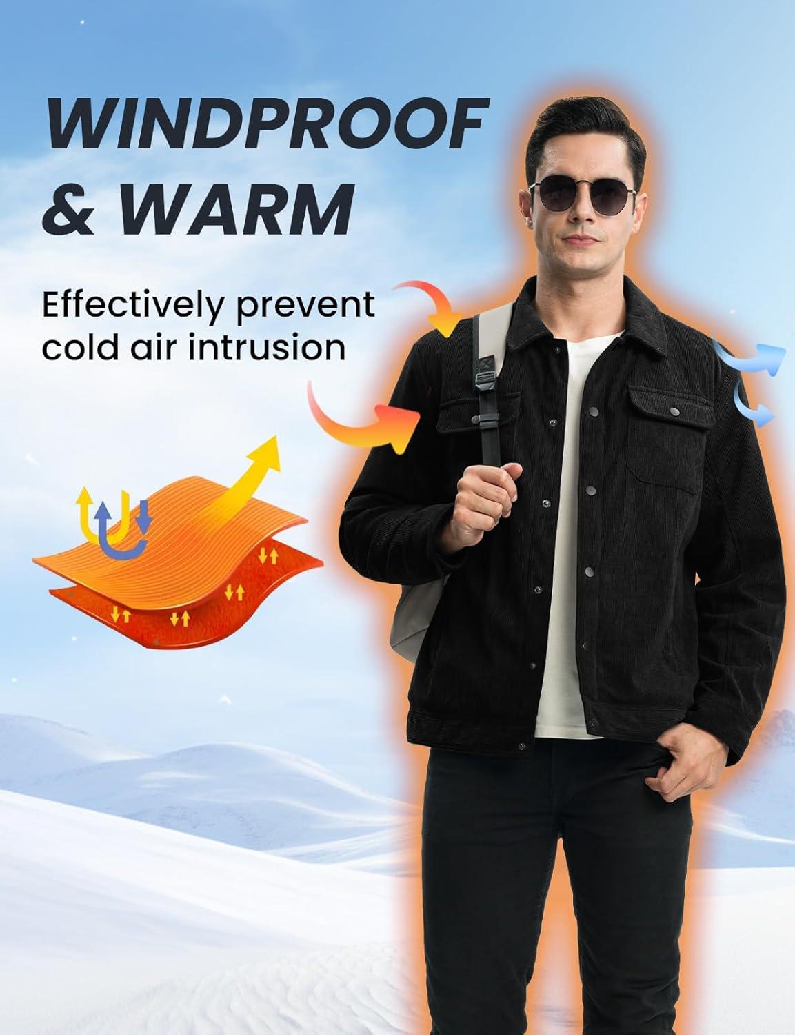 imageTBMPOY Mens Corduroy Jacket Sherpa Fleece Lined Jackets Warm Winter Trucker Work Casual Hiking Coat with 5 PocketsBlack