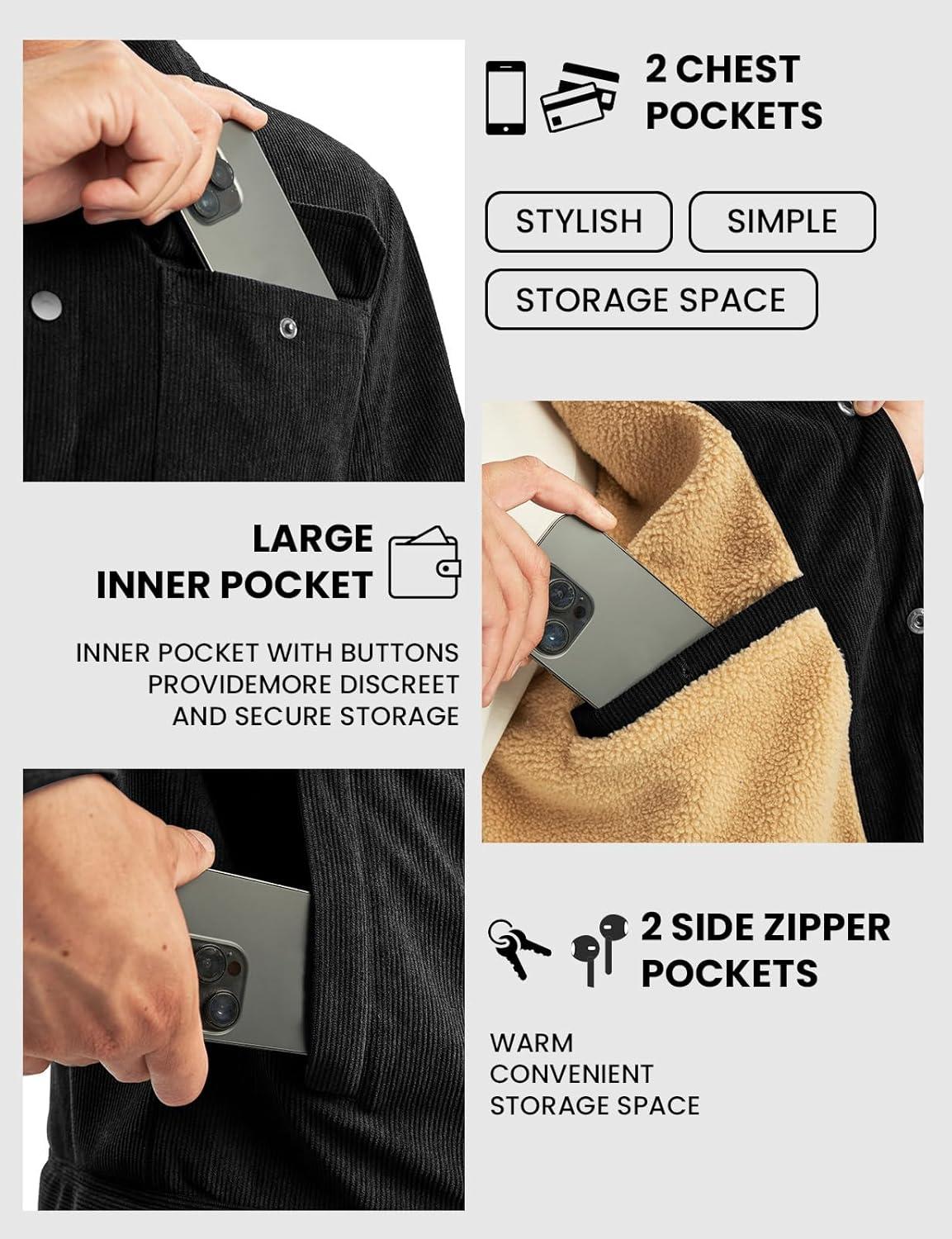 imageTBMPOY Mens Corduroy Jacket Sherpa Fleece Lined Jackets Warm Winter Trucker Work Casual Hiking Coat with 5 PocketsBlack